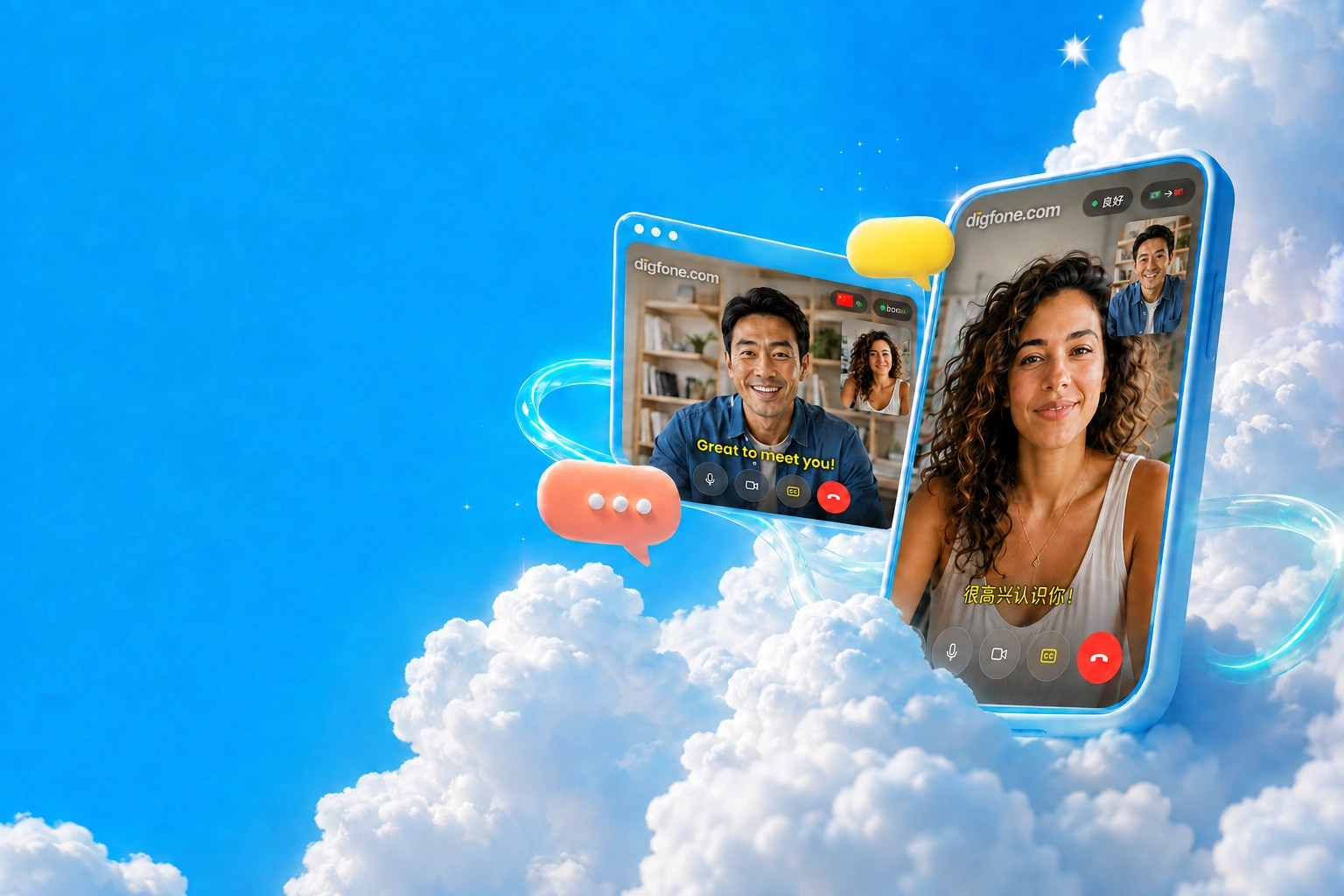 The Digfone call interface on two devices among clouds, with translated captions, participant thumbnails and call controls