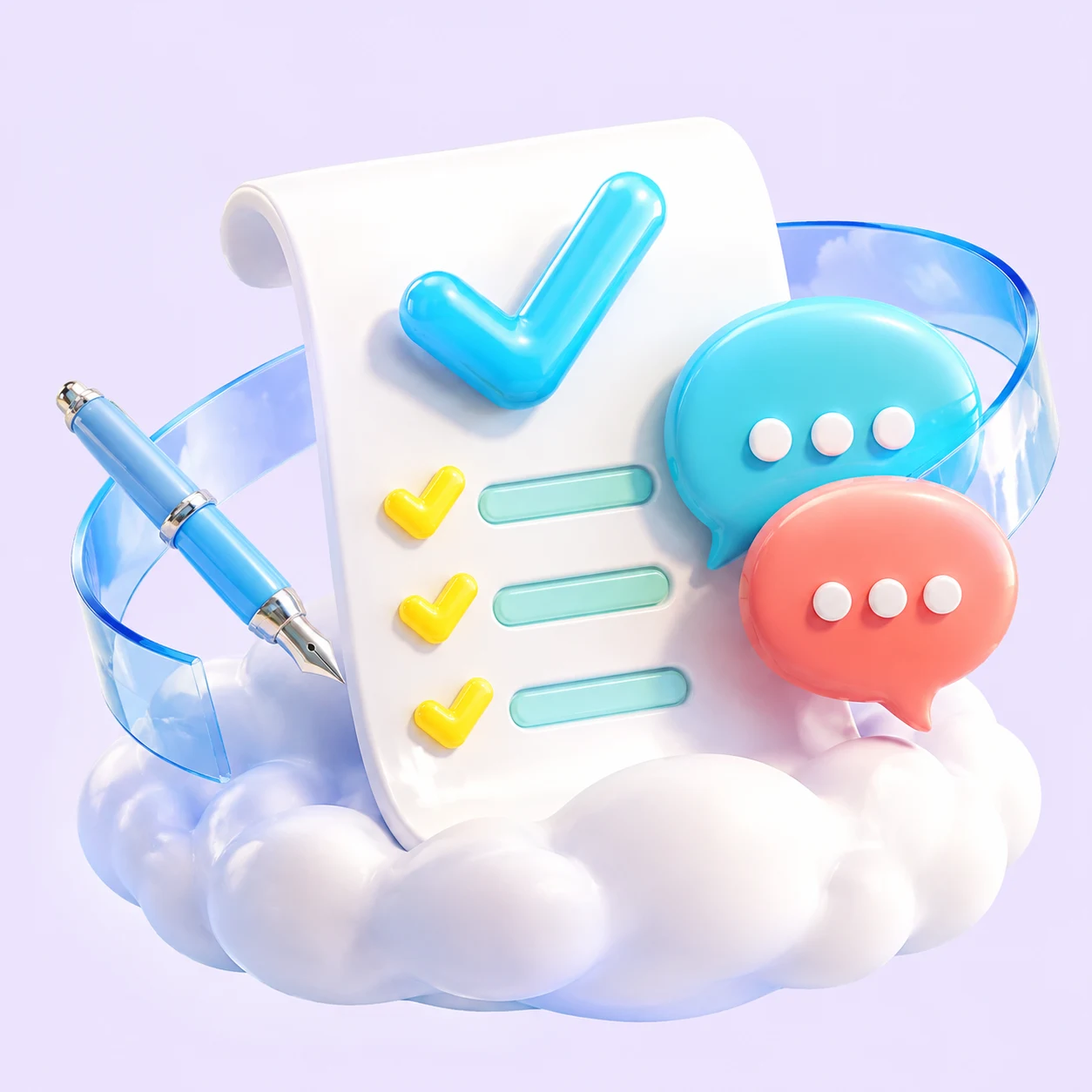 A document with check marks and speech bubbles among soft lilac clouds